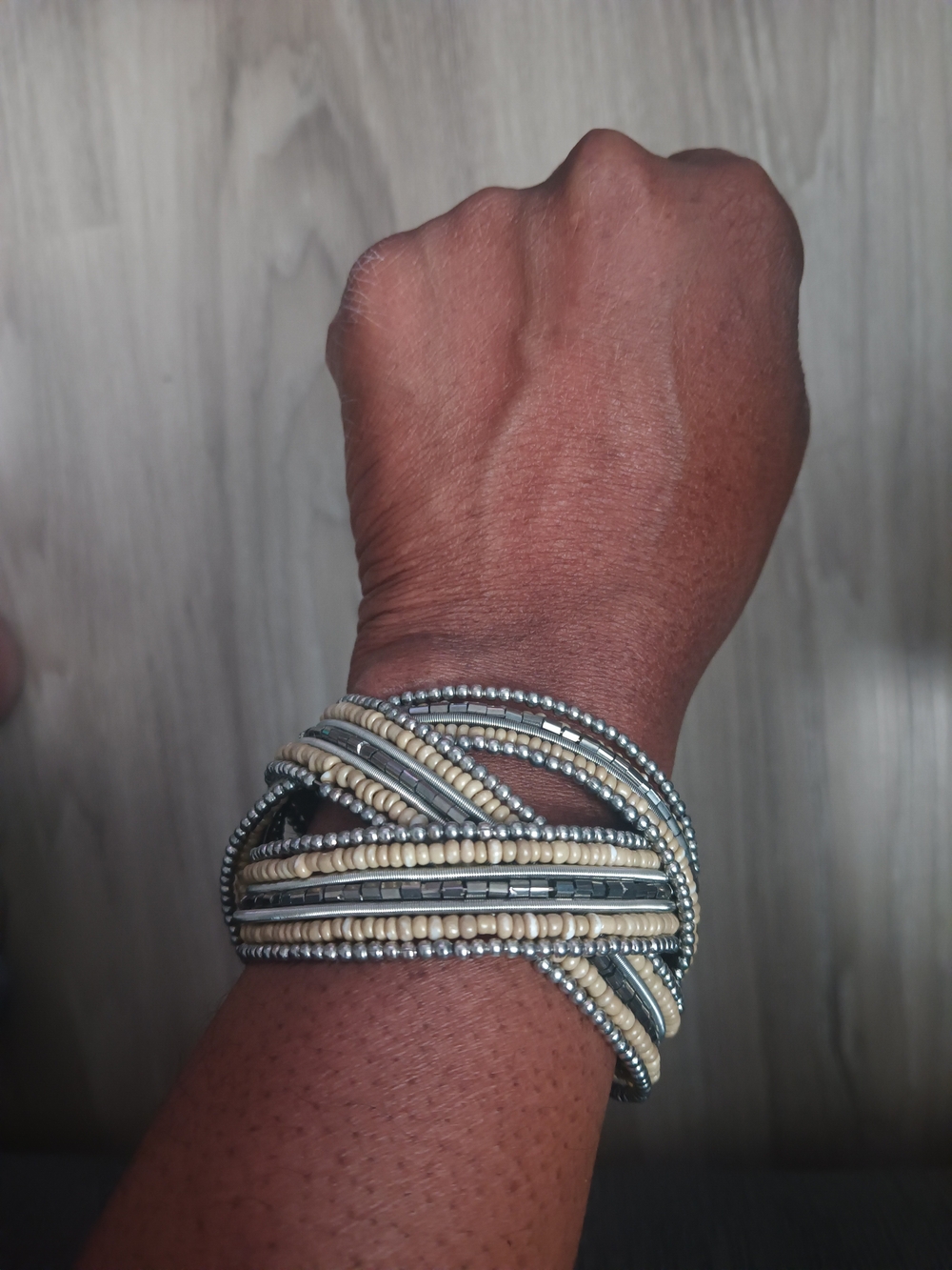 Multi-Strand Beaded Wrap Bracelet in Beige and Silver